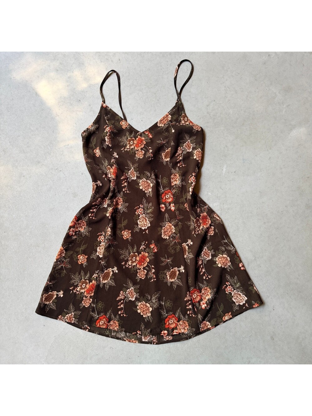 Forever 21 Medium Brown Floral Fit Flare Mini Dress Spaghetti Strap Y2K